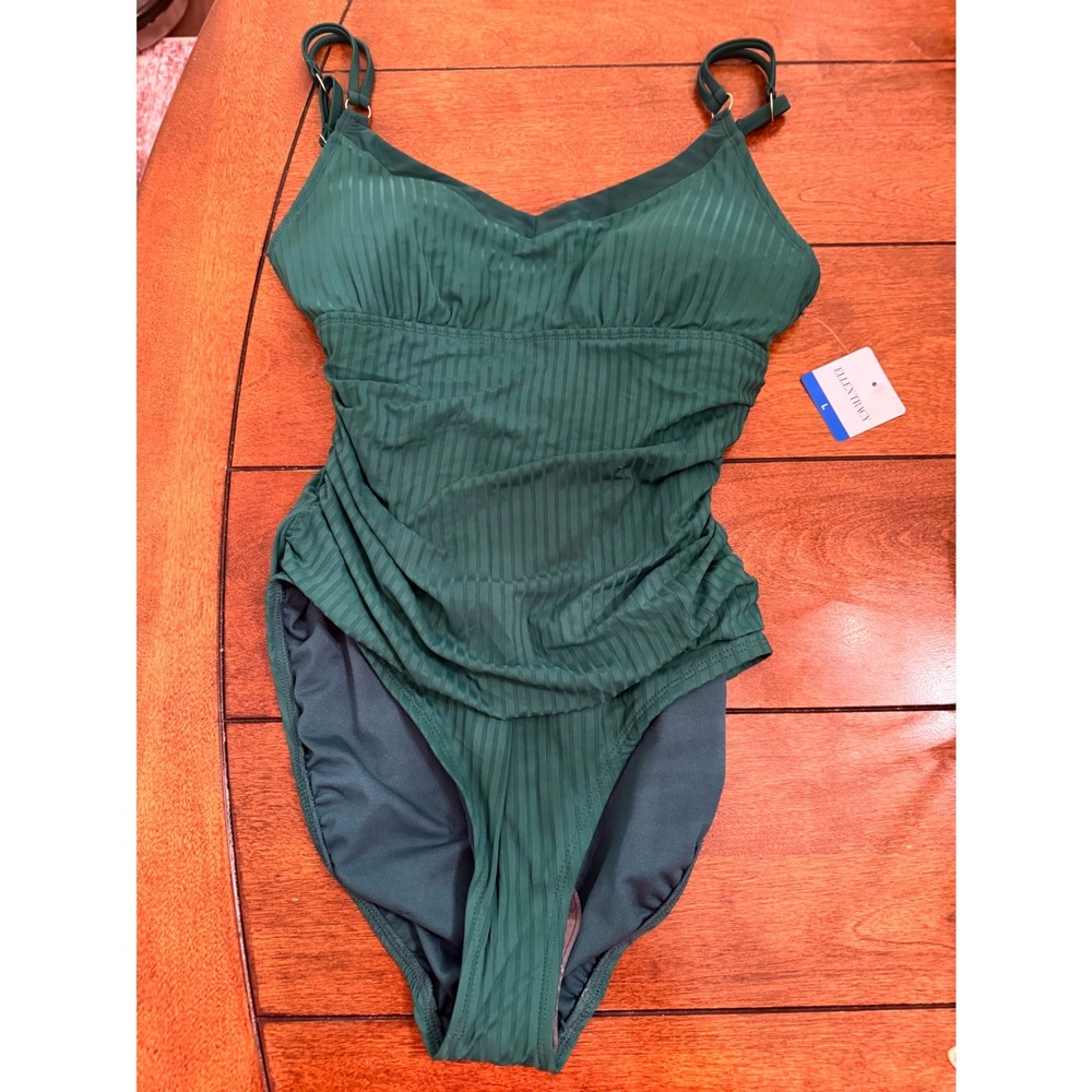 NEW Ellen Tracy Womens Green Ribbed One Piece Swimsuit Shirred UPF 50+ Size L